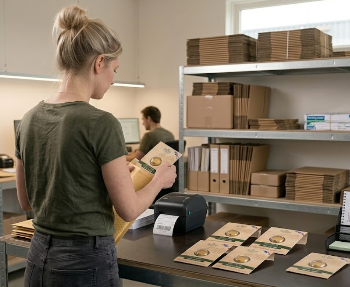 A woman in an office or warehouse setting sorts printed paper envelopes or parcels on a counter, with shelves of stacked brown cardboard boxes behind her.