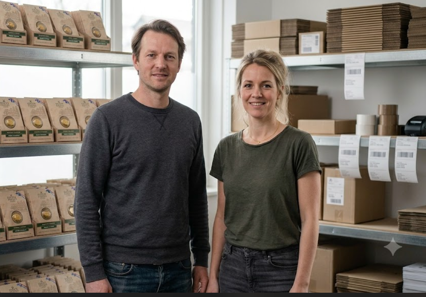 A man and a woman standing in a warehouse or packaging room with shelves of boxes and bags behind them.